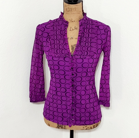 INC International Concepts Tops - 💶INC Purple black circle graphic print top button ruffle Small EUC